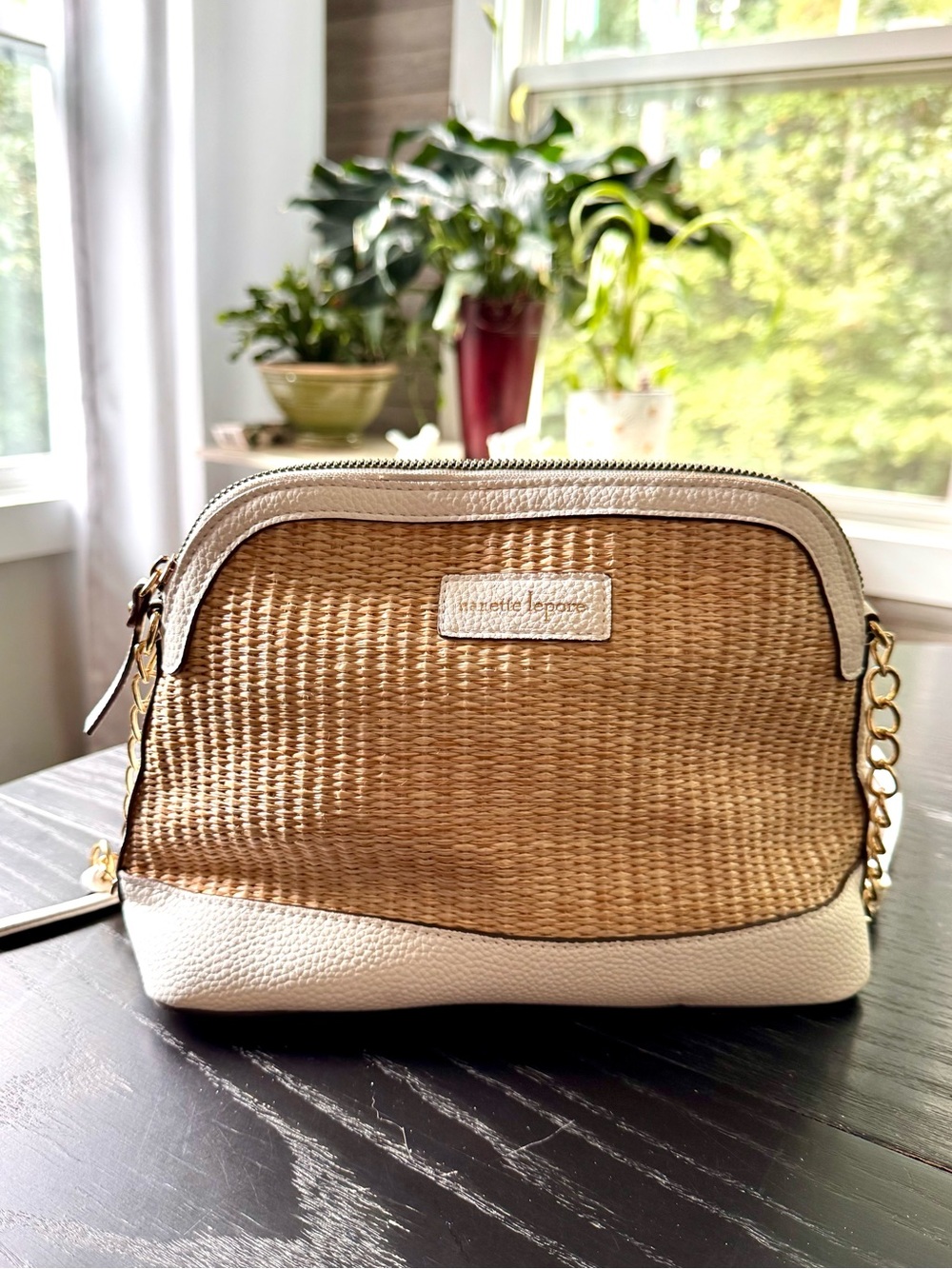 Nanette Lepore Woven Straw Crossbody Bag White Gold Chain Purse